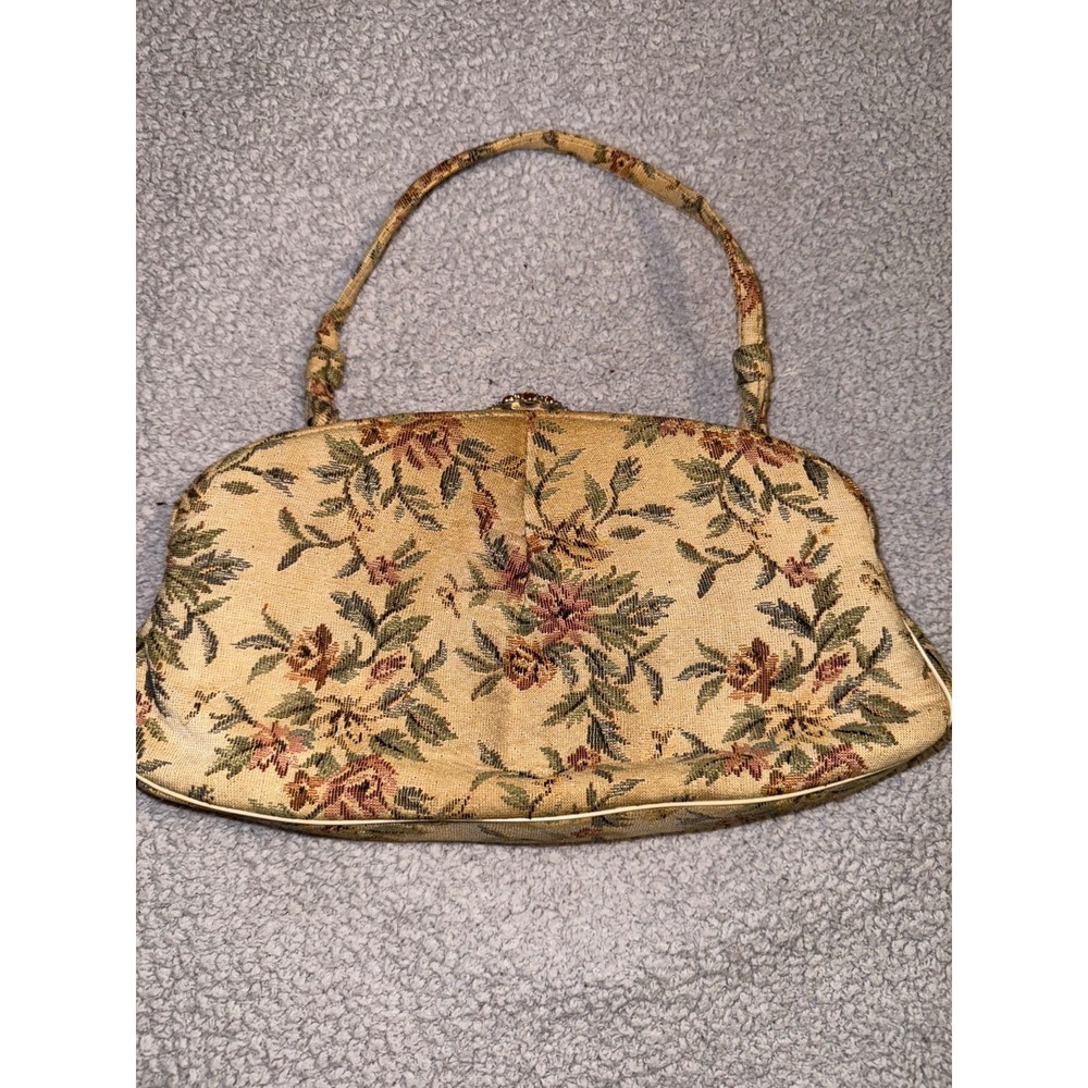 Vintage Le France Tapestry Floral Clutch with Jewel Clasp with Handle